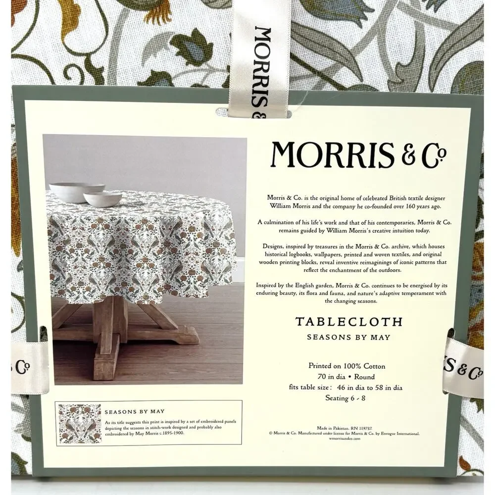 William Morris & Co Seasons by May Round Tablecloth 70” In. Birds Fall Colors